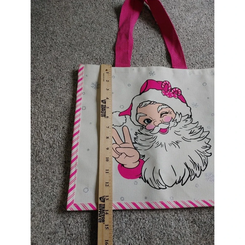 Pink Canvas Tote Gift Bag Winking Retro Santa Christmas Peace Candy Striped
